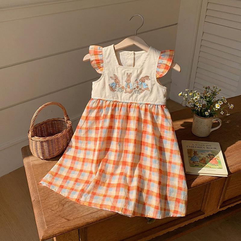 Girls Summer Plaid Dress Cute Embroidered Flutter Sleeve Baby Girl Casual Outdoor Dress For Kids 90cm оранжевый плед