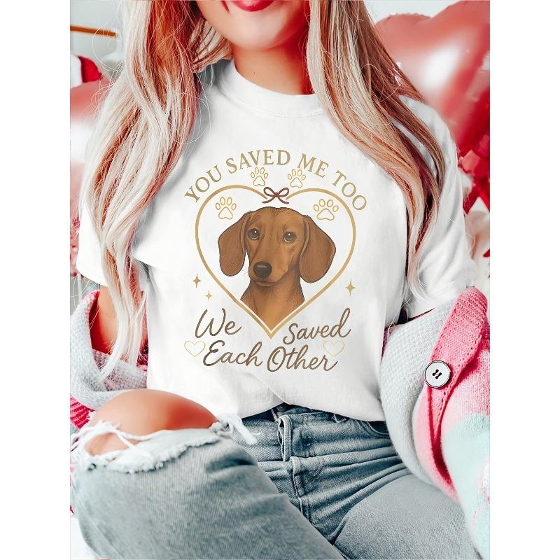 

Женская футболка с коротким рукавом ко Дню святого Валентина, Европейский размер, Принт с золотым сердцем и таксой, Мягкая эластичная, С круглым вырезом, S-XXL S белый