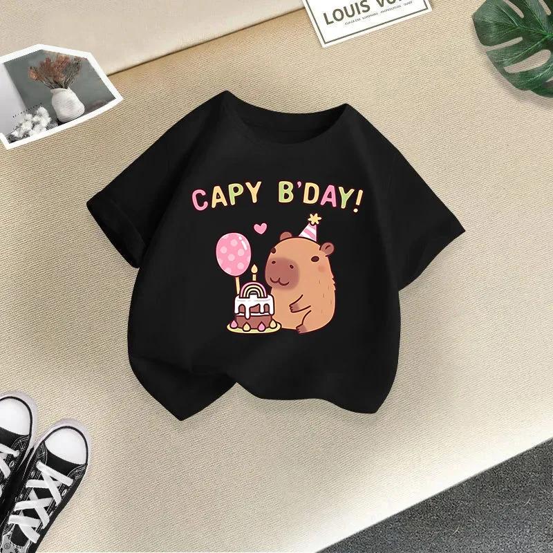 Summer Girls' Short-Sleeved T-shirt Children's round Neck Loose Fit Cute Stylish Capybara Print Casual Top for Kids Modal