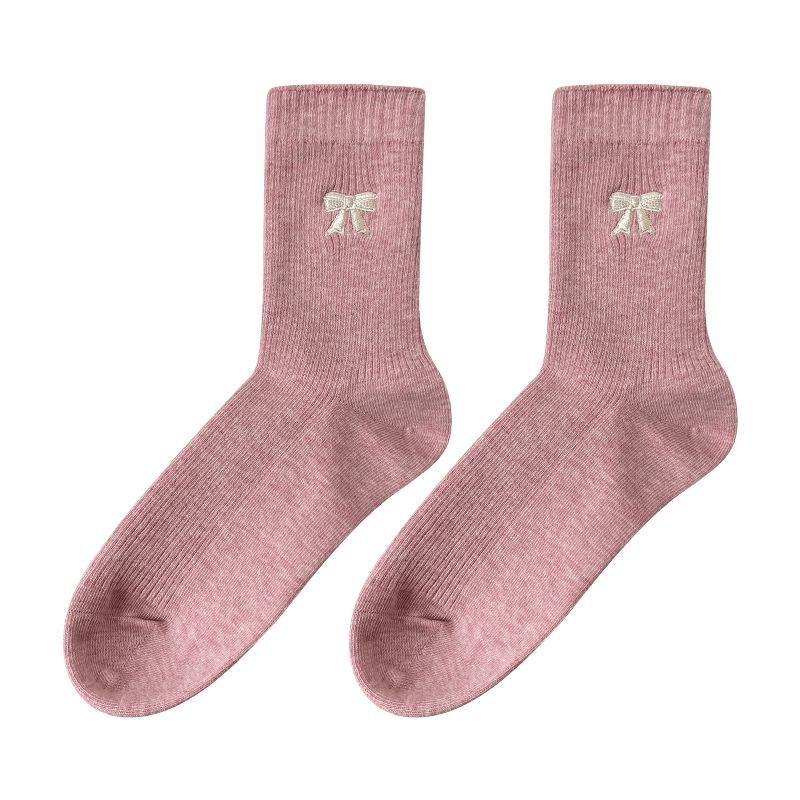 Bow Socks Women'S Autumn Korean Wind Cotton Socks Retro Medium Tube Socks Solid Color Women'S Socks Medium Tube Stacking Socks
