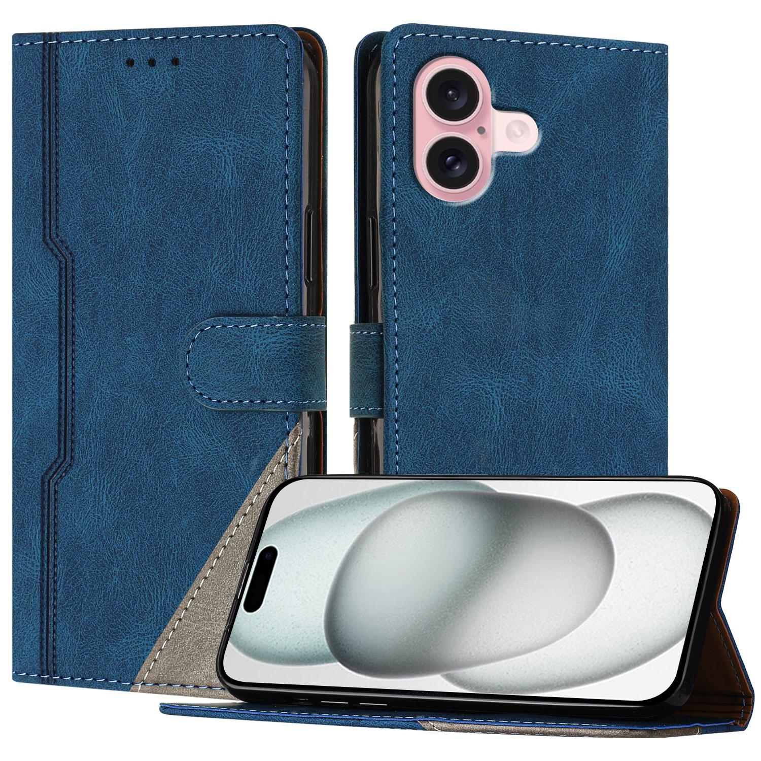 

For iPhone 16 Leather Case Triangle Patchwork Wallet Stand Shockproof Phone Cover Blue
