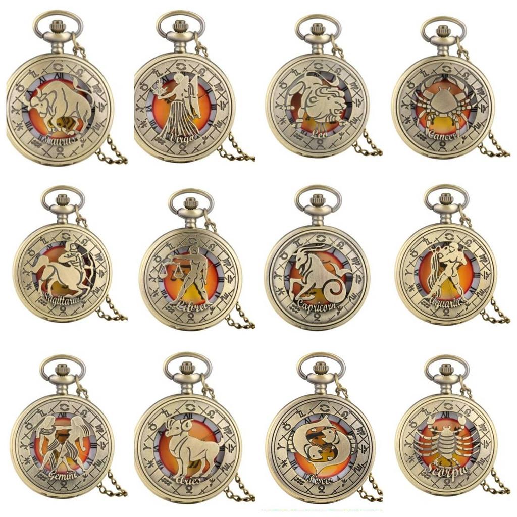 Vintage Retro Hollow Twelve Zodiac Map Design Animal Quartz Pocket Watch Unisex Men Women Necklace Pendant Clock Chain Classic Dial Jewelry Gift