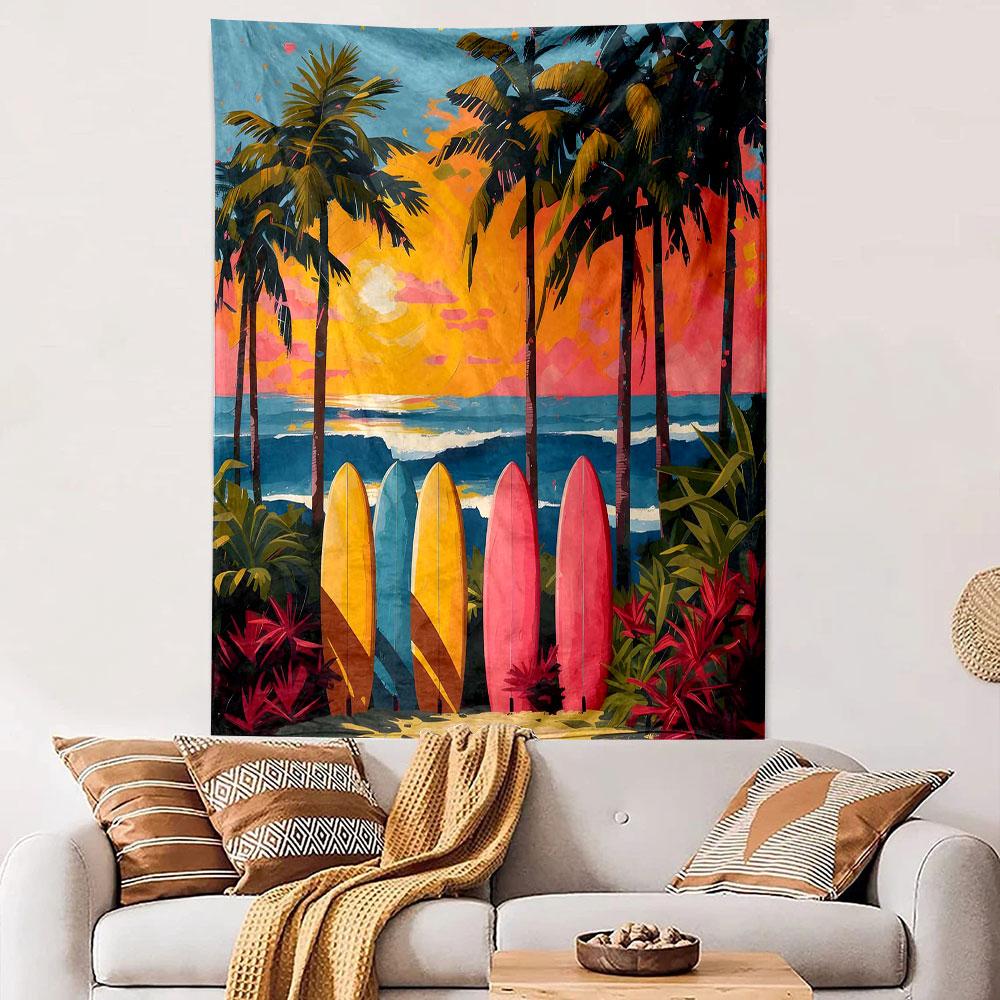 Surfboards and Sunset Tropical Scene Patterned Tapestry Decorative Wall Hanging, Home Bedroom Living Room Decor