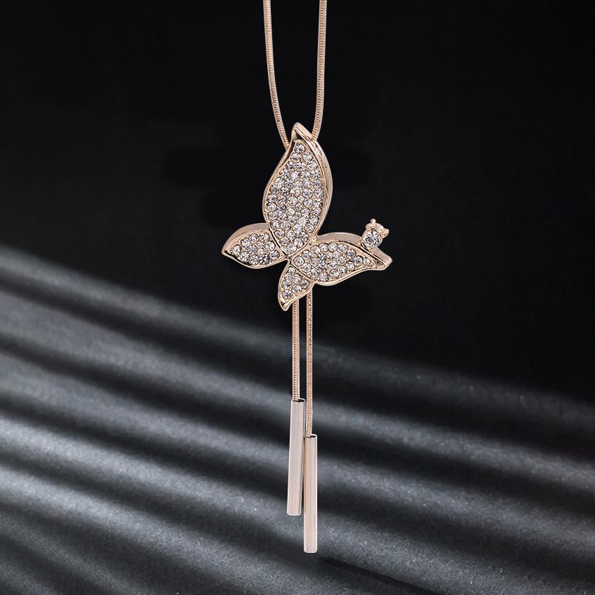 Butterfly Rhinestone Bow Tassel Necklace for Women - Fashionable Sweater Chain Pendant Accessory