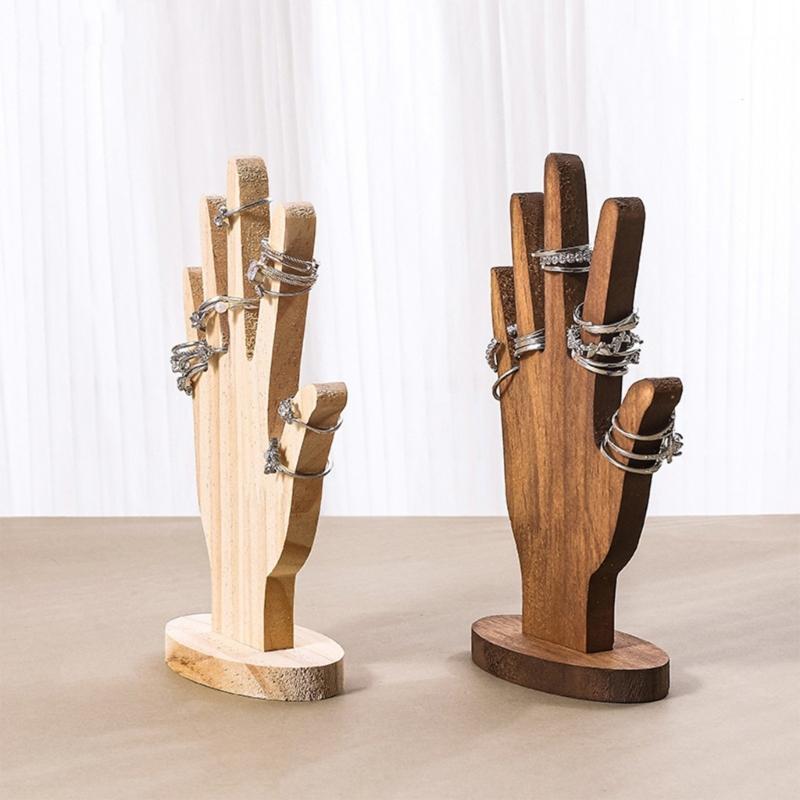 2 Piezas Escultura de Madera Maciza con Forma de Mano para Anillos Elegante Soporte de Exhibición de Joyería y Accesorios para Escaparate de Boutique