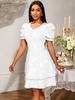 AOMEI Jacquard Wedding Guest Dresses for Women A Line V Neck Short Puff Sleeves Floral Tierred Knee Length Outfits