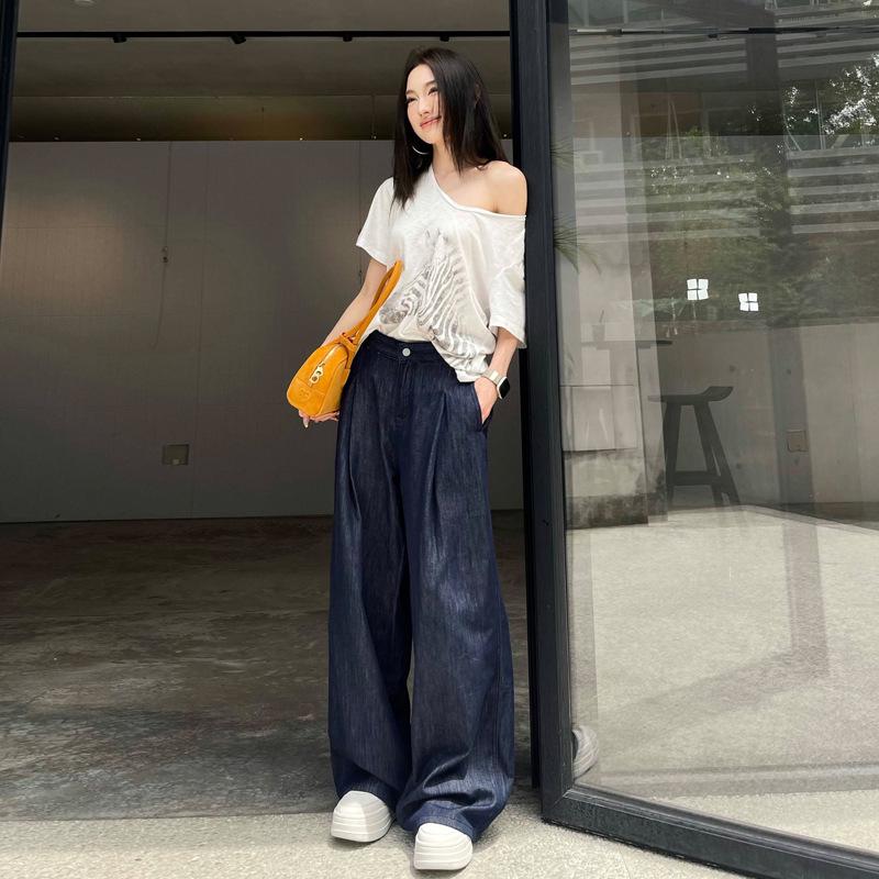 Women s High Waist Retro Dark Wash Wide Leg Jeans - Slimming Straight Leg Floor-Length Pants in Dark Blue Large
