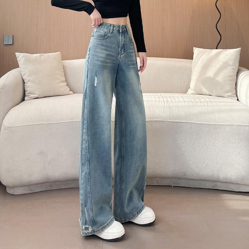 

Модные Рваные Джинсы в Стиле Ретро Женские Свободные Синие Брюки с Широкими Штанинами Осенние Удобные Стрейчевые Брюки с Высокой Посадкой XL светло-синий