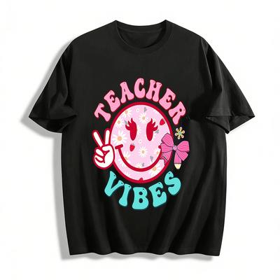 Retro Teacher Vibes Graphic Casual Top For Educators Pure Cotton T-shirt