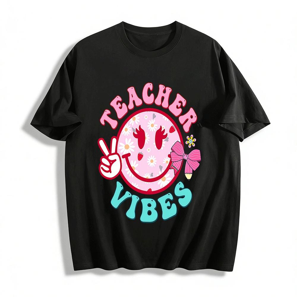 Retro Teacher Vibes Graphic Casual Top For Educators Pure cotton T-shirt
