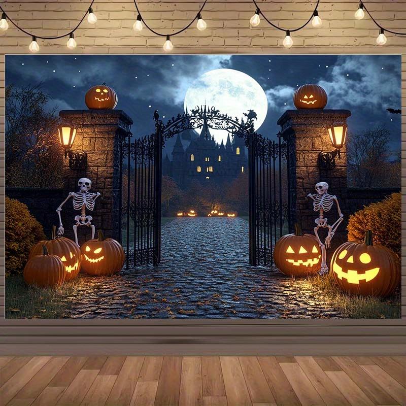 1 Halloween background with skull lantern full moon and terrifying castle gate - Halloween decoration 150X100