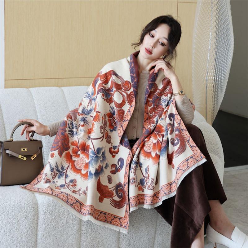 Scarf Women's Autumn and Winter New Double-sided Jacquard Scarf Versatile Auspicious Lotus Imitation Cashmere Shawl Thickened Warm Scarf