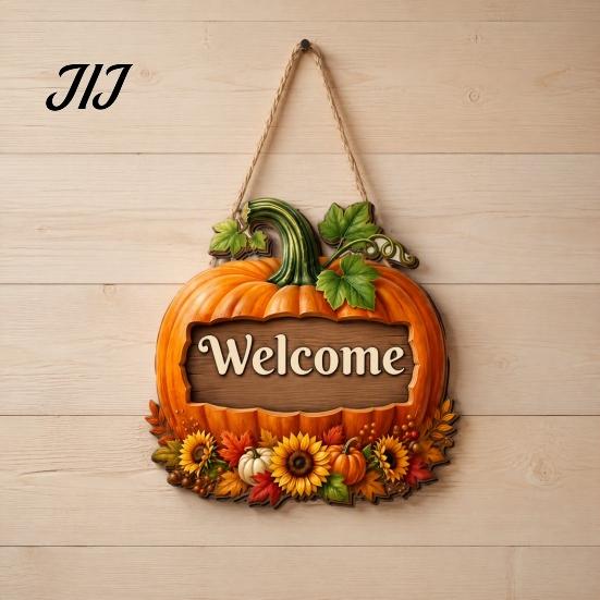 Durable Solid Wood Plaque Autumn Pumpkin Gnome Welcome Sign for Front Door, Rustic Hanging Thanksgiving Wall Ornament with Hemp Rope Fall Harvest Home