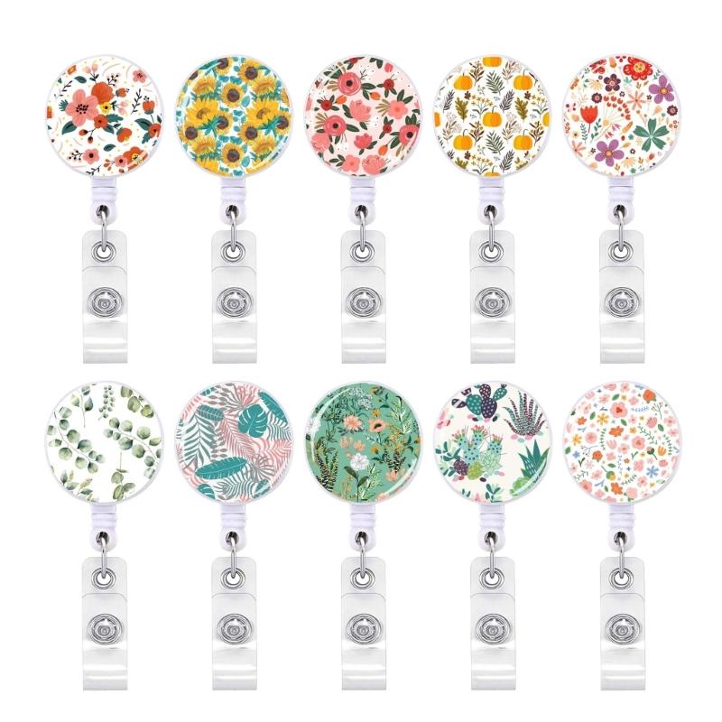 Flower Print Badge Holder Retractable Badge Holder Rotating ABS Badge Holder with Metal Clip for Nurse Doctor Student