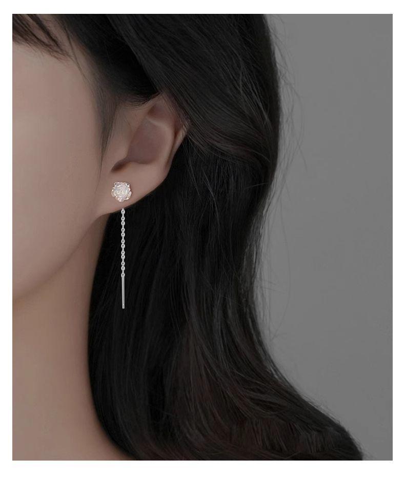 Camellia Ear Thread Earrings: 999 Sterling Silver Studs for Women - Comfortable Overnight Wear with Elegant Tassels.
