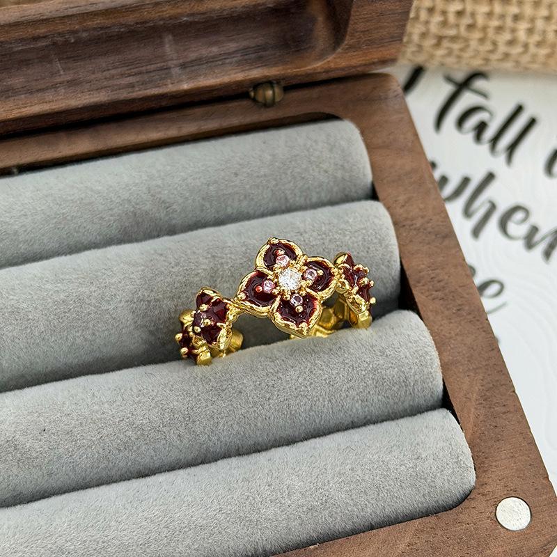 Sweet Stacked Enamel Dripping Oil Flower Temperament Open Ring Women'S Fashion Niche Design Sense Light Luxury Ring