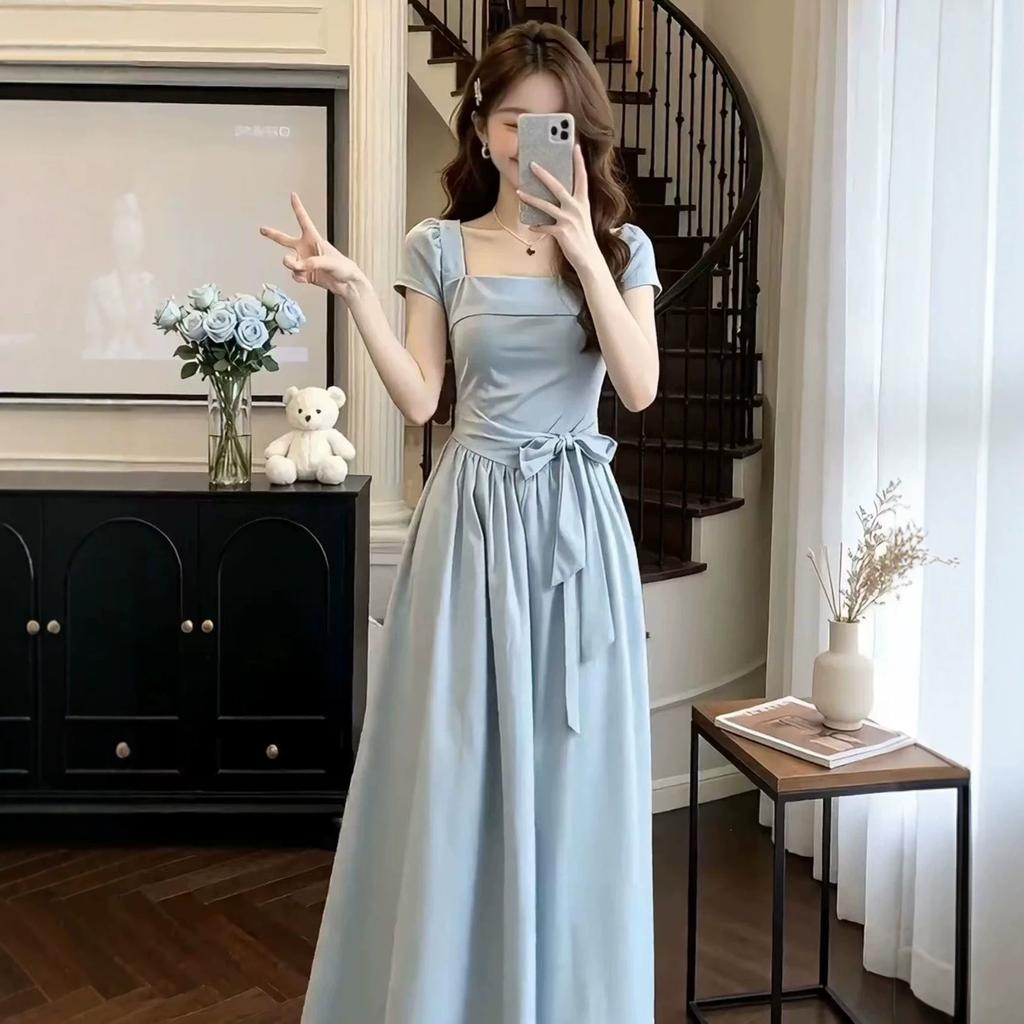 French Gentle Wind Square Neck Blue Dress Women's 2026 Summer New Bow Waist Skinny Long Dress Skirt