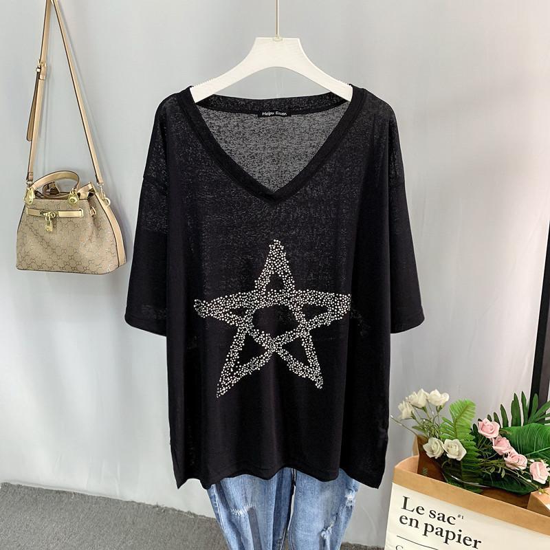 

Минималистичная летняя однотонная женская футболка с бриллиантами, тонкий стиль, с v-образным вырезом, ледяная шелковая ткань, вязаная повседневная свободная футболка с короткими рукавами, топы больших размеров