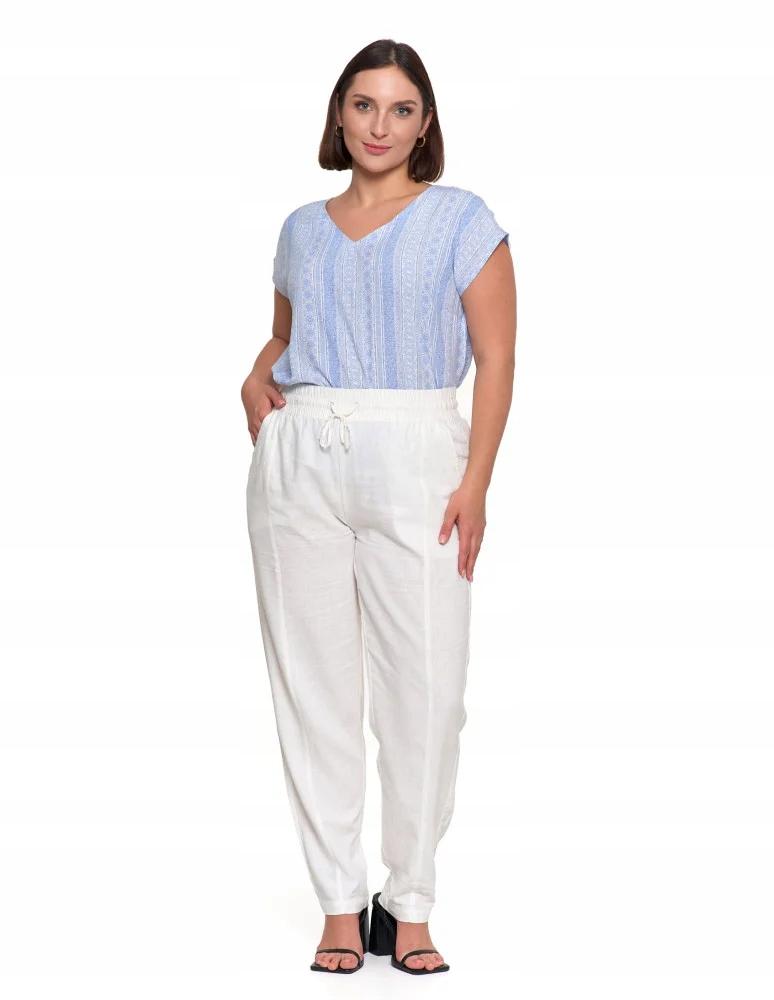 Women's Linen Trousers with Elastic Waistband, Elegant, Straight Leg, MORAJ M WHITE