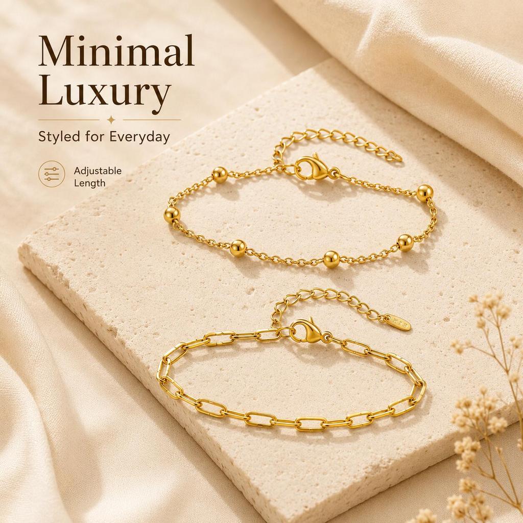 Minimalist Bracelet Women, Adjustable Layered Gold Plated Chain Bracelet Stainless Steel Tarnish Free Jewelry