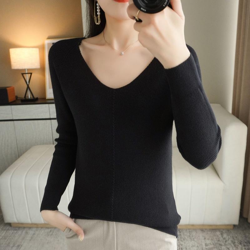 

Весенне-осенний новый женский вязаный свитер с V-образным вырезом и длинным рукавом, топ, осенне-зимний облегающий свитер-колготки, женский внутренний XXL чёрный