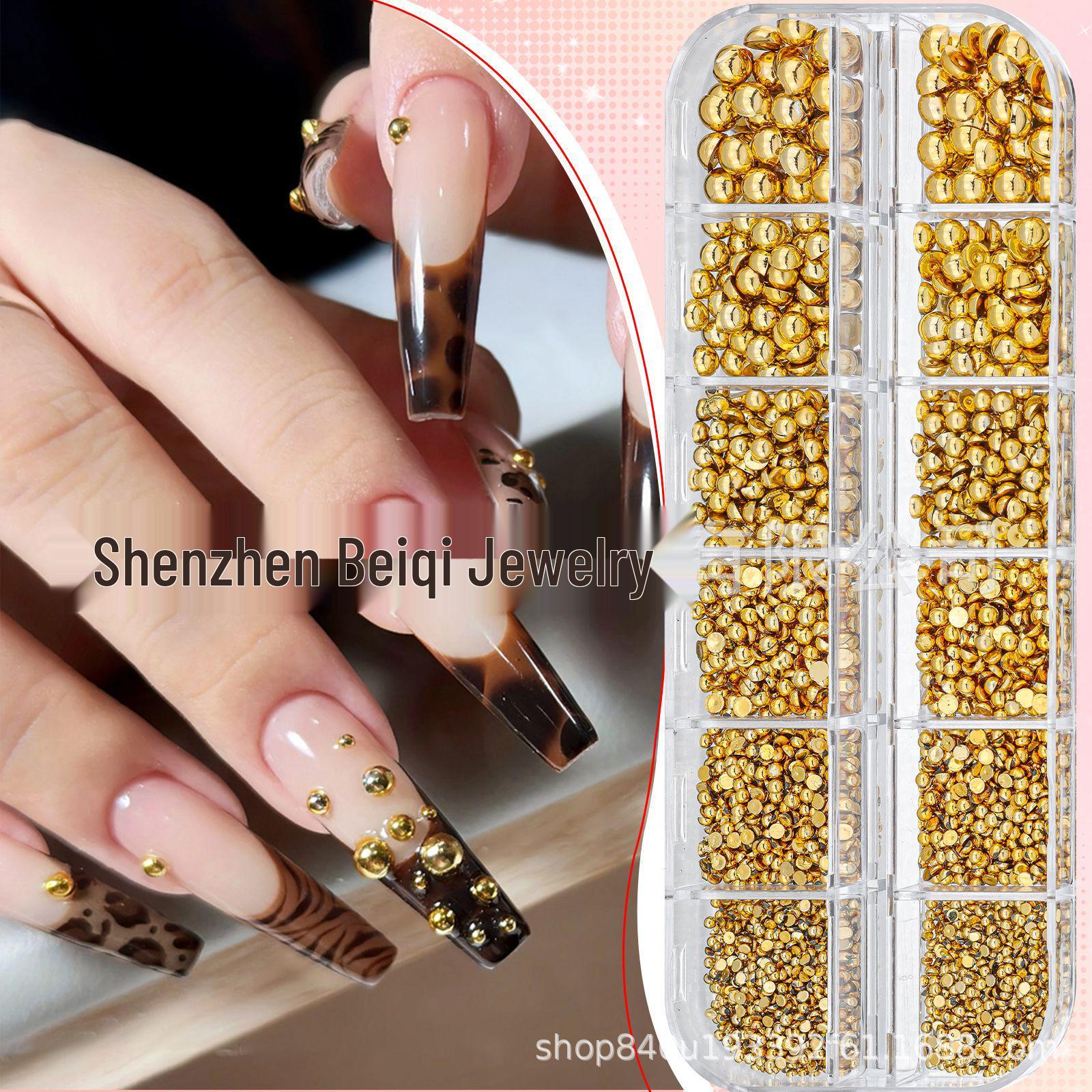 

12-Grid Gold Half-Pearl Nail Art Decorations - Mixed Sizes