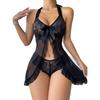 European and American Style Women’s Sheer Mesh Lingerie, Sexy Ultra-Thin Lace Halter Nightgown with Bow Erotic Sleepwear