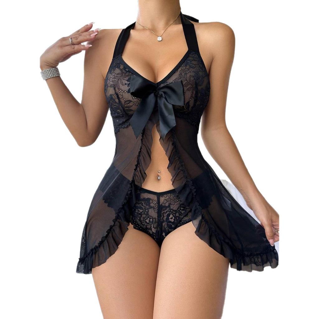 European and American Style Women’s Sheer Mesh Lingerie, Sexy Ultra-Thin Lace Halter Nightgown with Bow Erotic Sleepwear