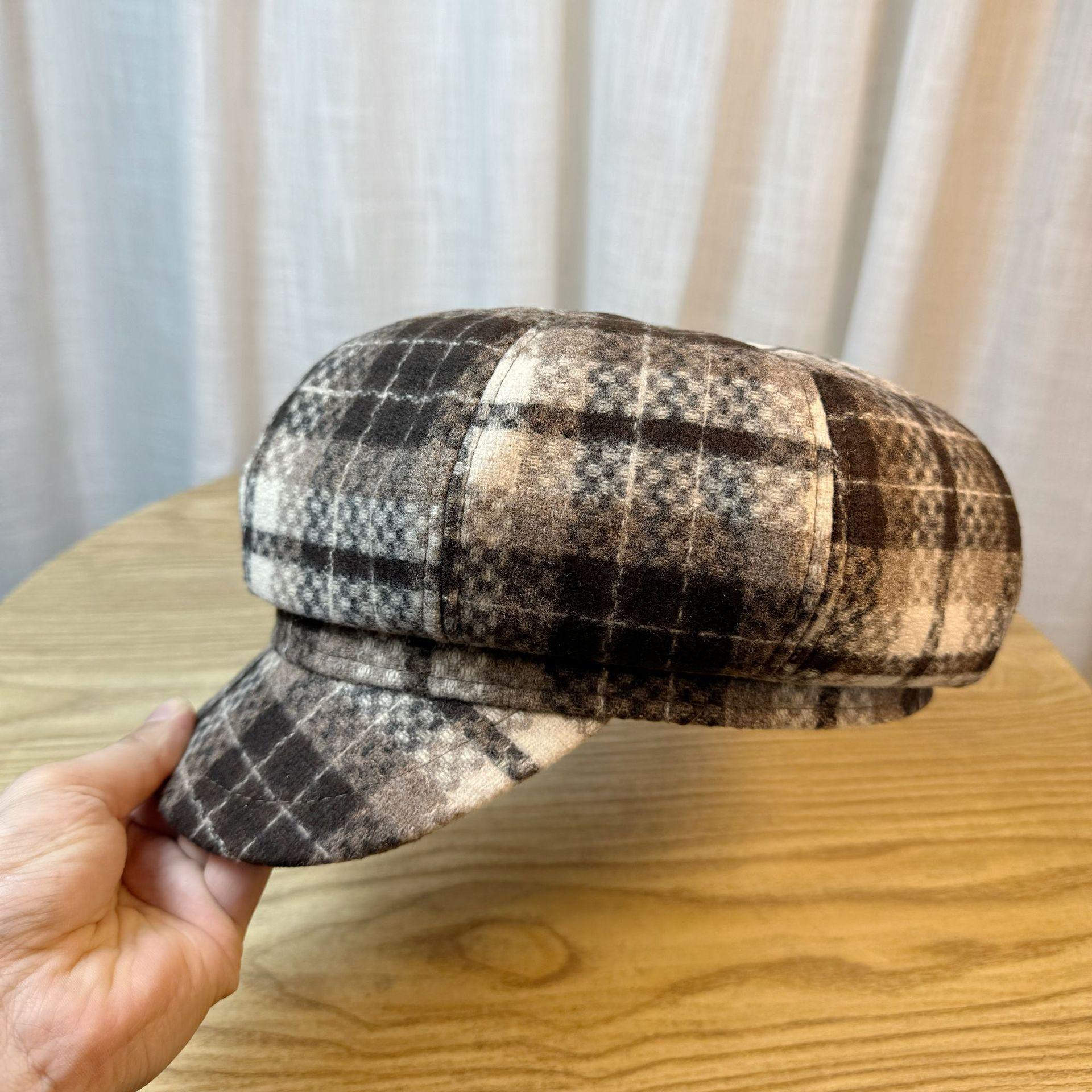 

Красная клетчатая шерстяная восьмиугольная шляпа для женщин Осень и Зима Британский ретро берет Adjustable