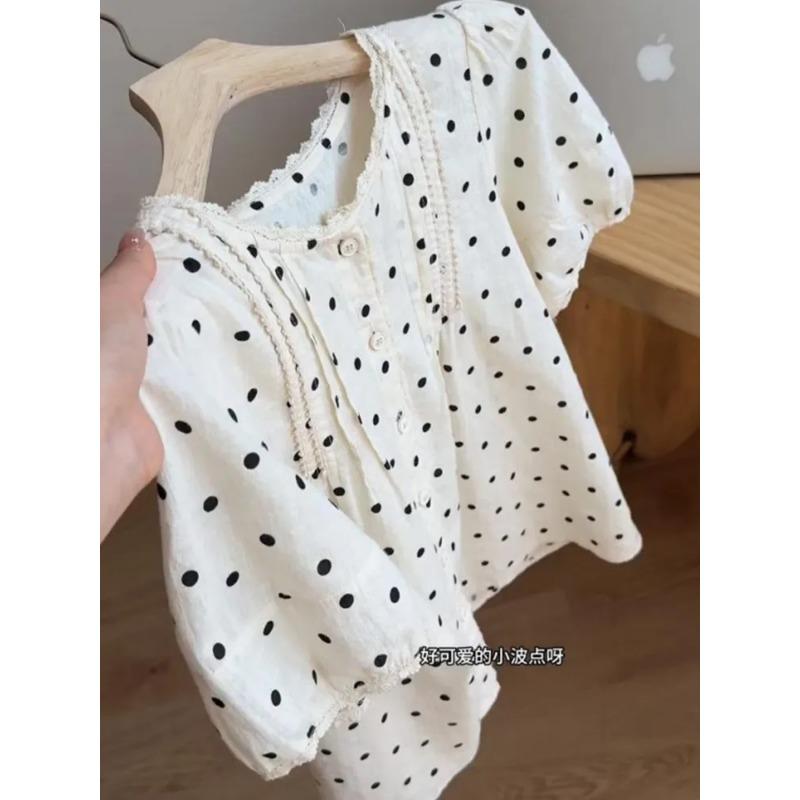 Women's Polka Dot Lace Trim Blouse Puff Short Sleeve Loose Fit Casual Summer Top