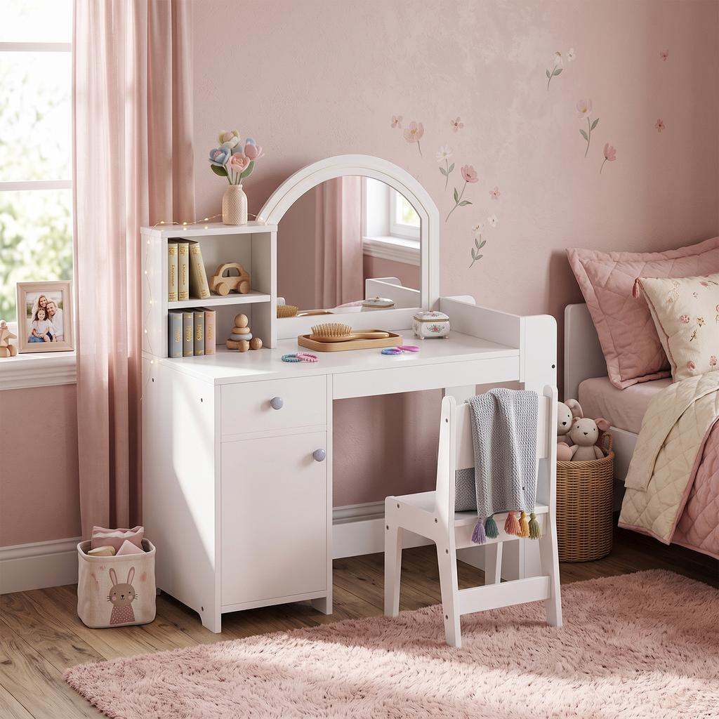 Children's Dressing Table with Stool and LED Mirror, for Ages 3-8, 88.6 x 38.8 x 96.9 cm, White