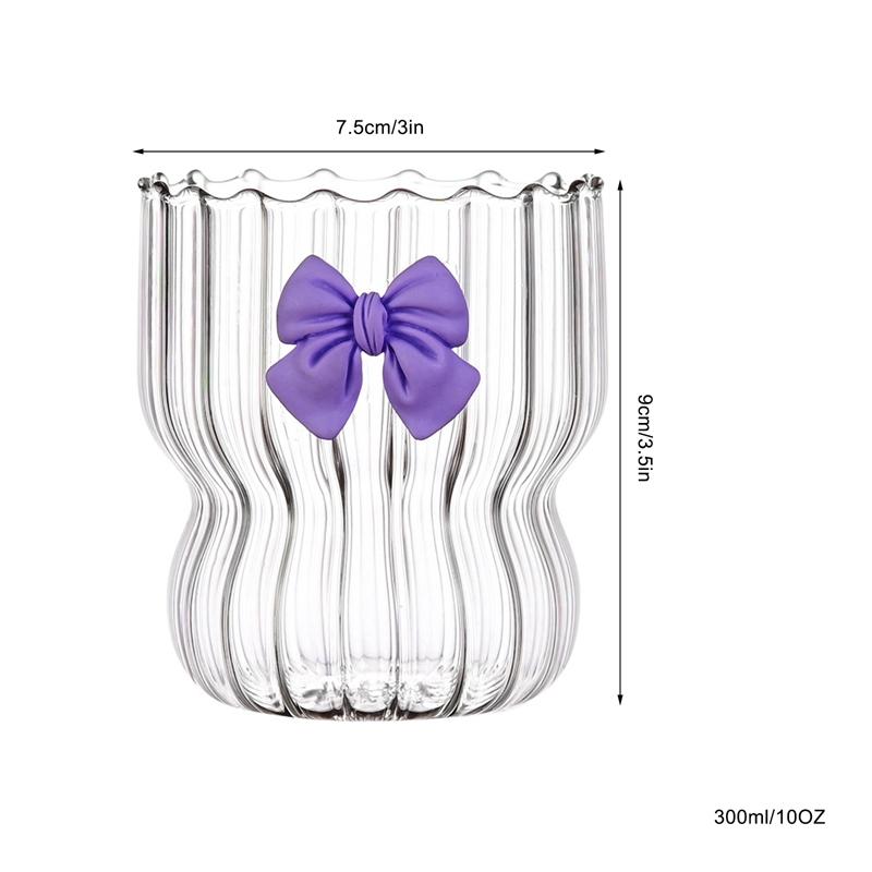 Vertical Striped Glass Cup with Bow Decor Cute Coffee Cocktail Juice Water Tea Glassware