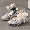 Fashion Women's Floral Print Sandals Mesh Bowknot Decor Wedge Strappy Open-toed Sandal Heels Platform Shoes Ankle-strap Dress Sandales