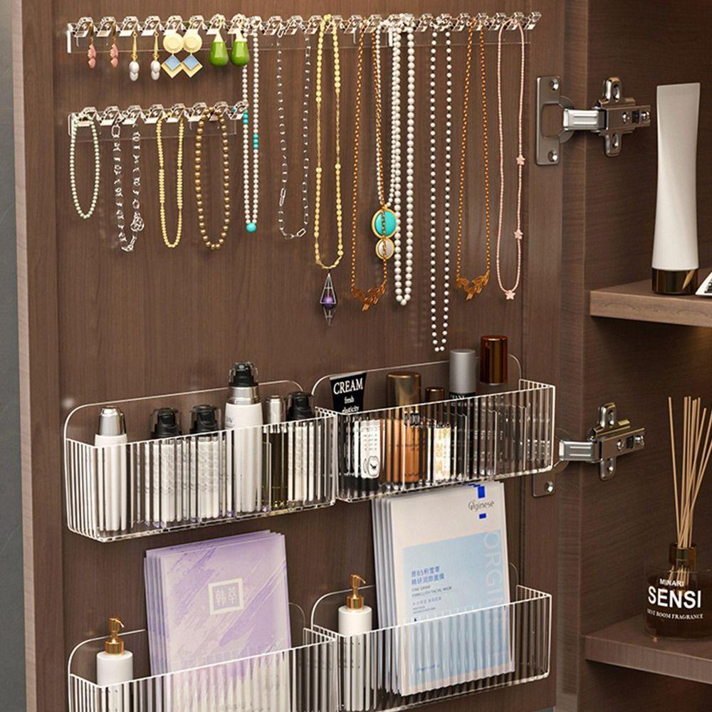 8 Hooks Jewelry Display Rack Plastic Transparent Jewelry Hanging Hooks Adhesive Paste Space Saving Organizer Box