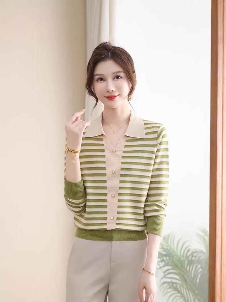 2026 Spring Fashionable Striped Knit Top for Mothers & Elderly Women, Lapel Sweater for Spring & Autumn
