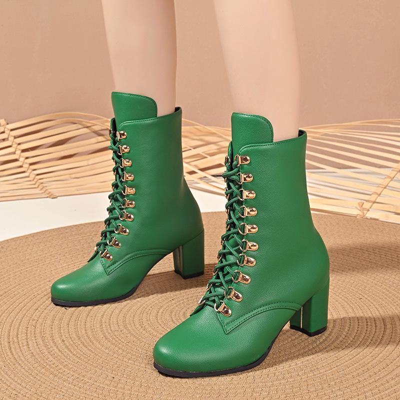 Autumn Winter Plus Size 36-43 Women's High Heel Leather Boots Lace Up Comfortable Ankle Boots for Women Botas Mujer Black Batas