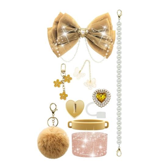 1 Set Tassenhülle Funkelnde Strasssteine Schleife Plüschball Dekoration Kunstperlen Lanyard Tassenzubehör mit Silikonboden-Schutz