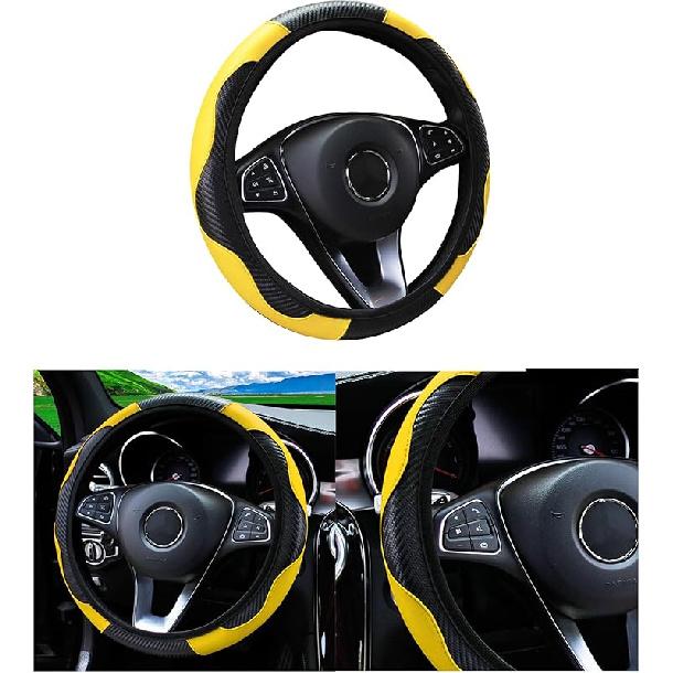 Car Steering Wheel Cover, 15 Inch Carbon Fiber Microfiber PU Leather Elastic Steering Wheel Protector For Men Women, Anti-Slip Breathable Car