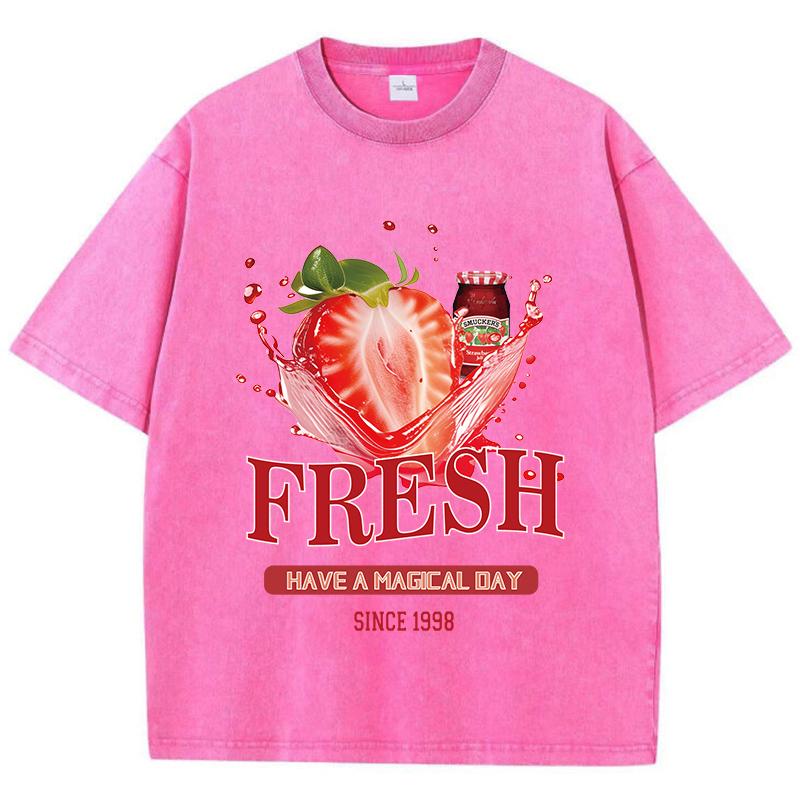 Cotton Womens Acid Wash T-Shirts Fresh Strawberriy Printing Tees Oversize Comfortable O-Neck Short Sleeve Casual Clothes