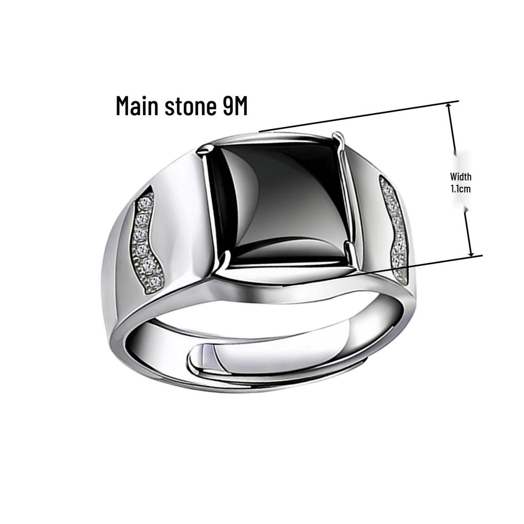 Men's Adjustable Black Agate Square Ring with Black Diamond - Korean Style and Smooth Finish