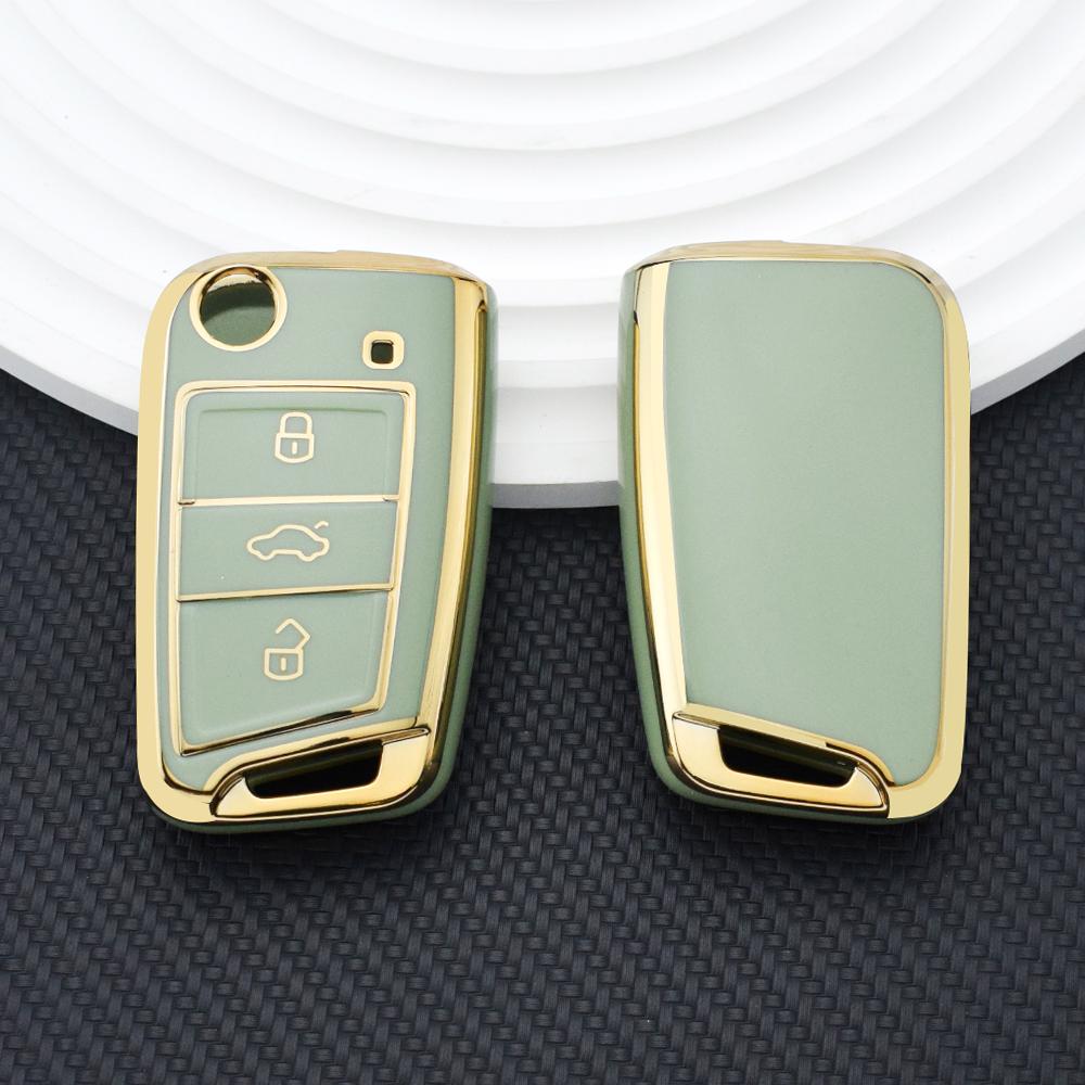 3 Buttons Gold Edge TPU Car Key Cover Case Auto Shell Fob Holder for VW Golf 7 ALLTRACK MK7 for Skoda Octavia A7 Protector Accessories
