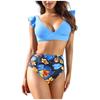 Maillot de bain bikini taille haute imprimé à volants et coussinet de poitrine pour femme, sans soutien-gorge en acier