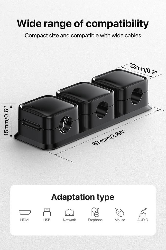 Smofish Cable Clip Holder, 9-Slot Magnetic Desk Cord Organizer, 3-Pack Set, Hidden Phone Charging Cable Keeper, Cord Management, Reusable Adhesive