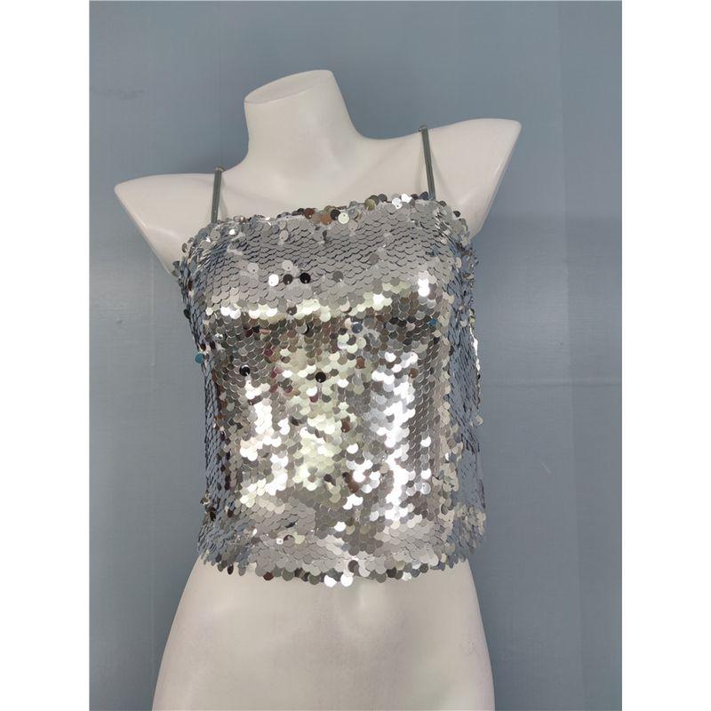 

Sexy Pure Desire Wind Sexy Trendy Fancy Small Man Glitter Silm Hip Spaghetti Straps Dress Suit Silver White (sling Tops) XL