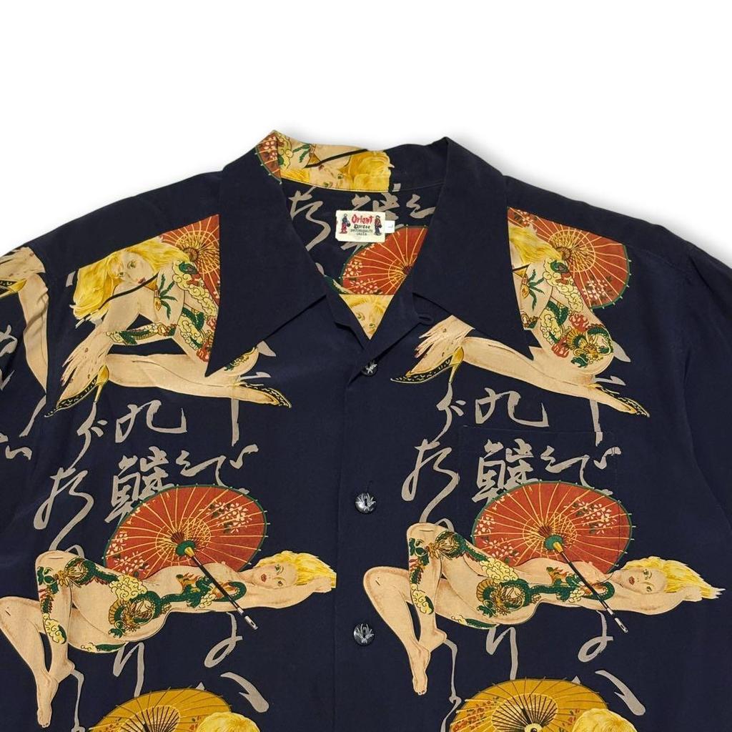 Used Orient Express Tattoo Geisha Silk Open Collar Shirt L