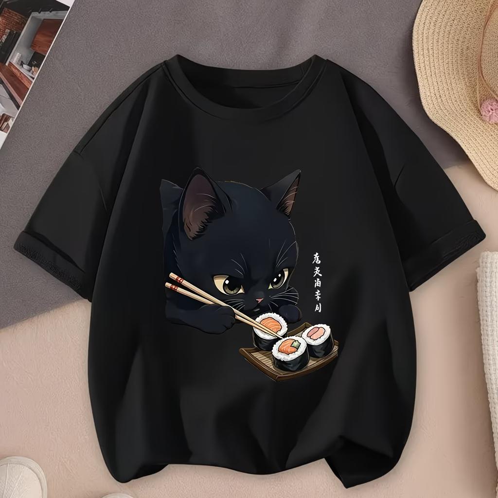 Black Cat Sushi Kawaii TShirt Cute Anime Sushi Roll Cat Print Soft Stretch Round Neck Summer Top Casual Theme Outfit