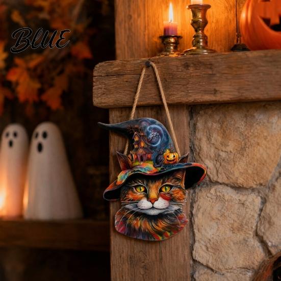 Solid Wood Halloween Plaque Wooden Hanging Door Sign Cute Painted Cat Welcome Ornament with Witch Hat Haunted House Decoration Pumpkin Rustic