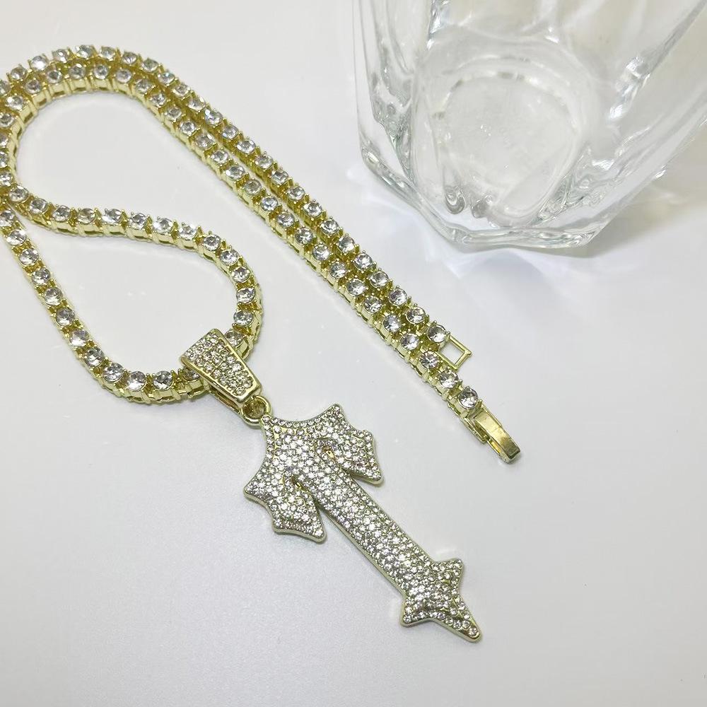 Cross Sword Pendant Full Diamond Cuban Chain Hip Hop Legendary Jewelry High Sense Colorful Row Diamond Necklace Men