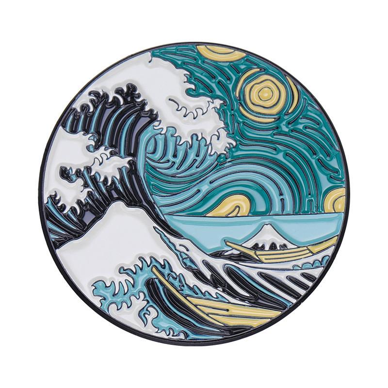 Creative Retro Oil Painting Cat Waves Brooch Charming Alloy Pin For Men And Women