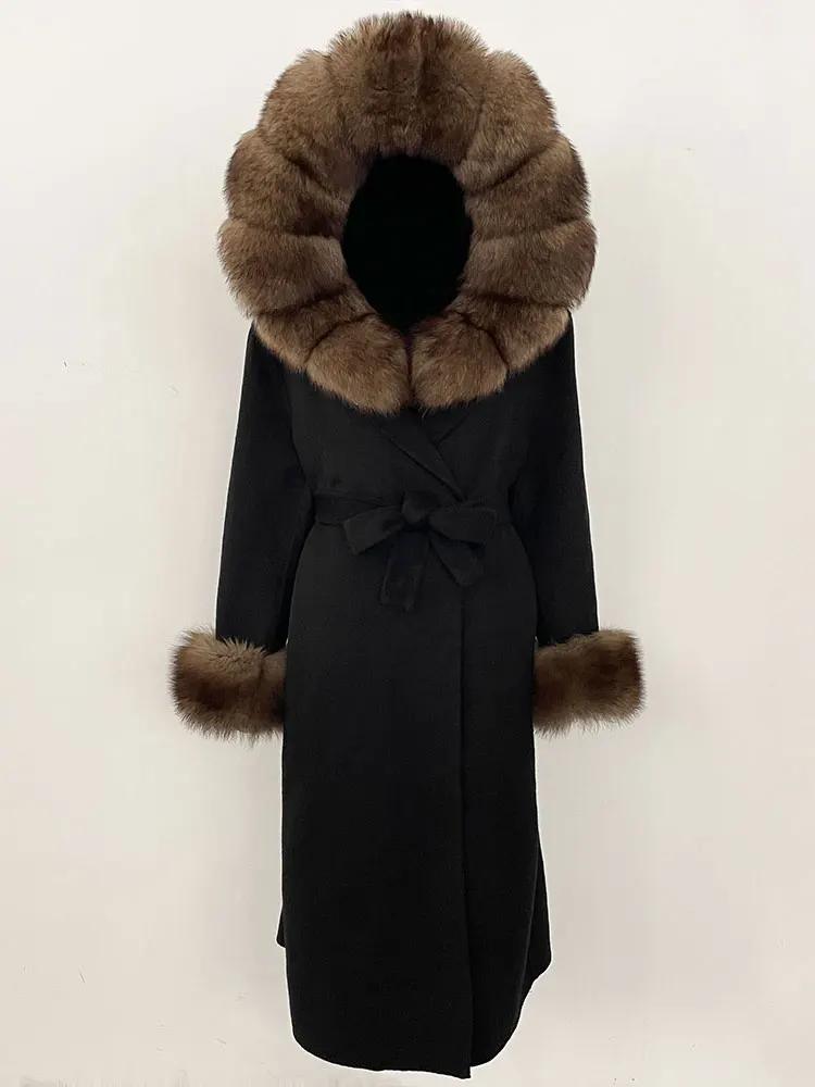 OFTBUY Winter Women Coat Real Natural Fox Fur Hooded Detachable Collar Double-faced Woolen Jacket Long Casual Elegant Overwears